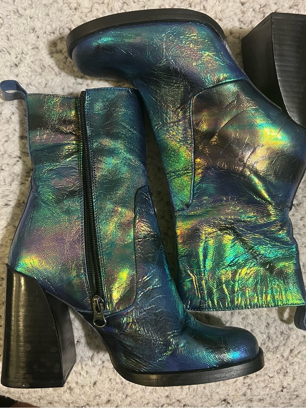 L'INTERVALLE Metallic Blue-Green Ankle Boots with Block Heel